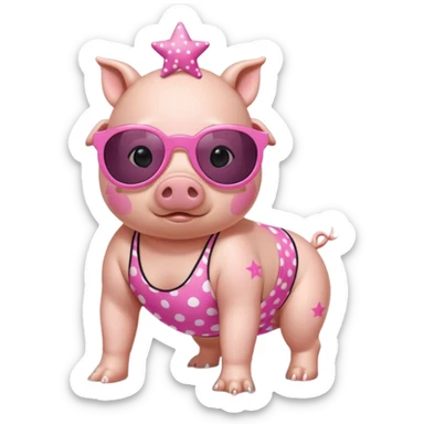 cute pig wearing cool star shaped sunglasses and polka dotbathing suit on all fours  sticker