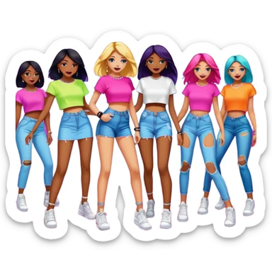 Cute emoji-style illustration of a group of people dancing at a nightclub, wearing trendy modern clothes like crop tops, ripped jeans, sneakers, bodycon dresses, and oversized shirts. Bright neon lights and a fun party vibe. Simple, colorful, expressive style that looks good at small emoji size. sticker