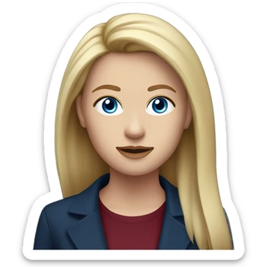 portrait of an adult girl, blue eyes, straight long bob blond hair, dark blue jacket suit, burgundy red shirt under sticker