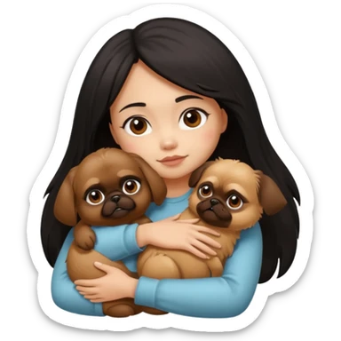 black hair girl hugging brown pekingese dog that looks a little bit like brown gremlin sticker