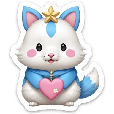 GENERATE ME A MOMONGA WHITE ANIMAL  FROM CHIIKAWA AND PUT A SAKURA FLOWER ON HIS HEAD AND A STAR PELT ON HIS BELLY AND A HEART PURSE ON HIS ARM WITH HIS FACE MAKE HIS TOUNGE STICK OUT WITH A LITTLEPINCH OFDROOL AND MAKE HIM ANIME STYLED ART GIVE HIM A BIG BLUE FLUFFY TAIL sticker