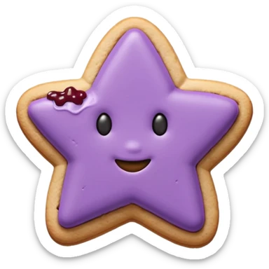 Ultra-realistic pastel purple cookie with a soft, crumbly texture, fine surface cracks, matte baked finish, star-shaped jam cutout revealing glossy dark berry filling sticker