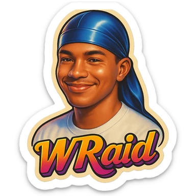 Smiling no teeth
make his shirt white
Change His durag To BLUE
Make it say "  W Raid " sticker