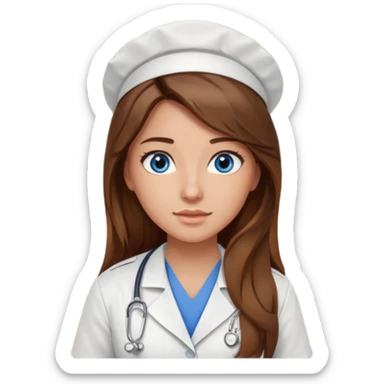 pretty female nursing student with long brown hair, blue eyes inside a classroom at university sticker
