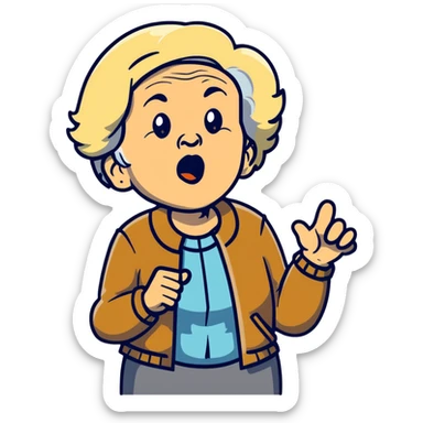 mean Karen, old yelling lady with blonde hair and a jacket sticker