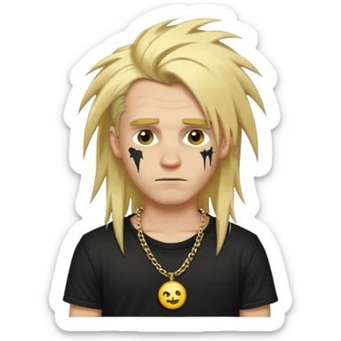 make a iphone emoji who is a white man that looks punk with messy blonde long hair with a black punk shirt and a golden neckless sticker