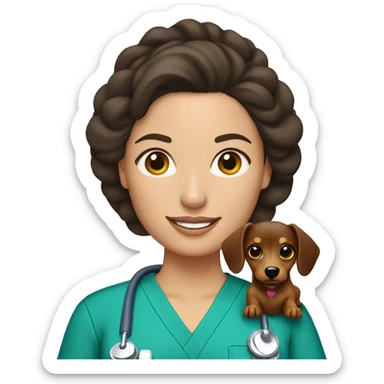 Brunette woman with a top knot wearing scrubs holding a dachshund sticker
