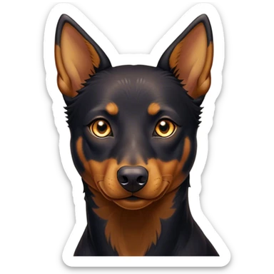 Cinematic Noble Black and Tan Kelpie Portrait Emoji, Poised and regal, with a strong, agile build and a glossy, well-groomed Fur of deep black and tan accents, piercing dark eyes, Simplified yet sharp and sophisticated features, highly detailed, glowing with a soft, dignified glow, high shine, intelligent and energetic, stylized with an air of determination, focused and attentive, soft glowing outline, capturing the essence of a watchful and confident herder, so majestic it feels as though it could bound out of the screen with effortless authority! sticker