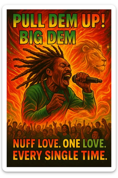 A vibrant reggae-inspired poster scene featuring Anthony B in full performance energy — dreadlocks flying, mic in hand, mid shout, pulling up the riddim. The background is a glowing fusion of red, gold, and green flames with lion imagery and subtle cosmic light trails. Around him, the words “Pull Dem Up! Big Dem Up!” explode like soundwaves. Below, a crowd of diverse viewers is shown. In bold text across the bottom: “Nuff Love. One Love. Every Single Time.” sticker
