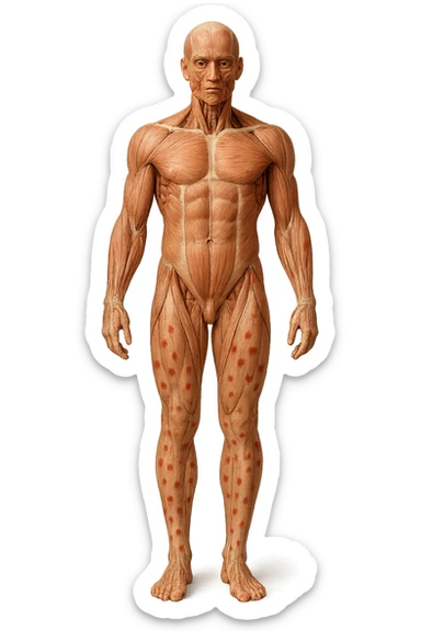 corpo umano anatomico a figura intera con red spot sparsi sulle gambe, iperrealistica in 3d sticker