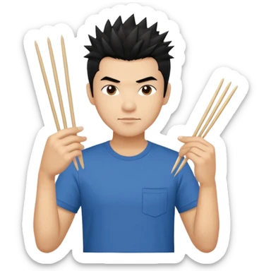 Make it a vietnamese male with spiky black hair hold ONE pair of chopsticks, t-shirt sticker