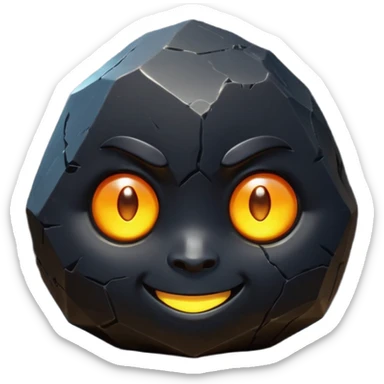 Single black obsidian rock character, thick and heavy with sharp facets and subtle reflections, carved cute face with glowing round eyes and a small smile, 3D render, high detail, soft backlighting, isolated on a plain dark background. sticker