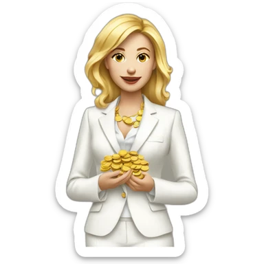 Posh-woman-with-white-suit-holding-golden-coins sticker