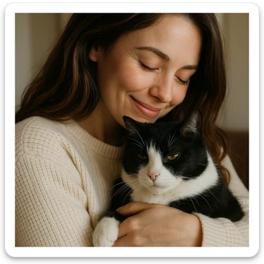 a woman in a cream sweater, long brown highlighted hair, embracing a black and white cat, soft and heartwarming sticker
