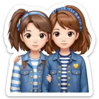 Two anime best friend girls with brown hair, one in striped shirt and denim jacket, one in denim overalls with hair clip sticker