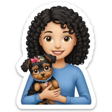 Light skin girl with curly black hair holding a yorkie dog  sticker