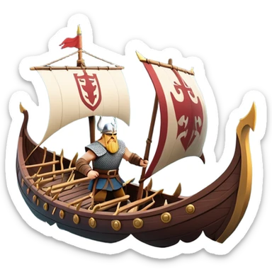 clash-of-clans-aesthetic_-cinematic-viking-longboat, rendered in a flat, bold vector style with minimal shading, featuring a striking dragon-headed prow slicing through waters. shields on the side and vikings rowing The longboat’s, the boat has carved motifs evoke a sense of epic adventure and Nordic might, with billowing sails catching a dramatic, stormy sky backdrop. sticker