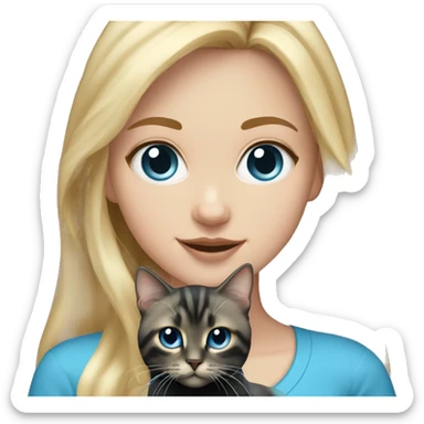 White girl, long blonde hair, blue eyes holding a black tabby cat sticker