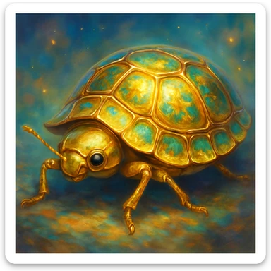 Golden Tortoise Beetle with a tortoise shell-like carapace, unique and surreal art style sticker