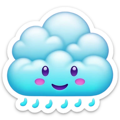 Small cloud with multiple emoji-style expressions (happy, sleepy, mischievous), glowing purple/cyan neon, playful aesthetic. sticker