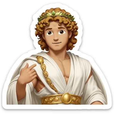 Cinematic Realistic Hercules Portrait, head tilted dramatically with an exaggeratedly amused expression, blending the fierce valor of the Hercules with the classic elegance of Michelangelo's David. His light tan skin and thick, curly, golden brown hair, rendered with meticulous classical detail, frame a face of heroic determination and playful charm. Clad in a gracefully draped white robe adorned with subtle golden embellishments and accented by a distinguished Greek laurel wreath, dynamic lighting accentuates both his formidable physical power and his approachable, spirited demeanor. sticker