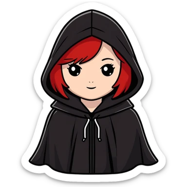 white-skinned girl with red hair wearing a black cloak with a hood sticker