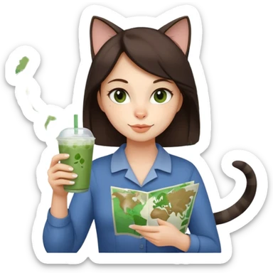 a brunette woman in here 30S drinking an iced matcha, carrying a grey cat and a map of the world sticker