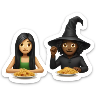 one girl and one guy sitting at a table witch spaghetti  sticker