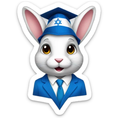 A rabbit student in a suit in the color of the Israel flag in a square academic cap sticker
