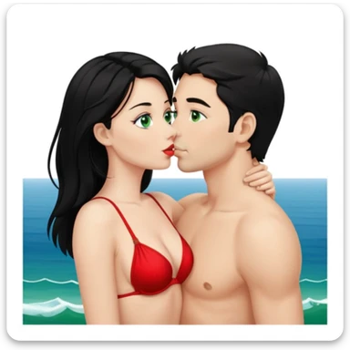 Blonde Woman, green eyes, Red thong, naked breast, Kissing man with blue eyes, black Hair, Background sea  sticker