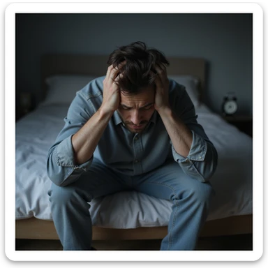 hyperrealistic 4K image of a man sitting on the edge of the bed, head in hands, tired and stressed face, deep dark circles, alarm clock on bedside table showing very early time, atmosphere of tiredness sticker
