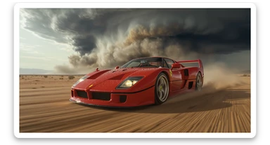 Cinematic still of a ferrari f40 around tornado od arizona desert, sun flare, captured by gopro hero with effect fisheye, water drops on car body, detailed, inspired by interstellar look, captured by a RED Weapon 8K sticker