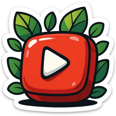 chunky, playful YouTube logo, vibrant toon style, bold cartoon outline, dramatic shadows, glossy highlights, surrounded by bright leaves, no background sticker