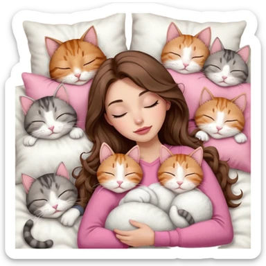 girl with long wavy brown hair, brown eyes, long lashes makeup, sexy pink lips, light to medium complexion,  sleeping on a cozy pillow, with 6 cats: 1 brown and white tabby cat, 1 ginger and white, 2 grey and white, 1 grey with white mittens and small white patch on chest and 1 calico, sleeping sticker