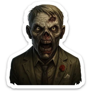 Make the zombie's face scarier while keeping the suit. Remove the background. The style should resemble a scary zombie character with detailed facial features and a frightening expression. sticker