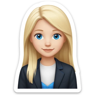 A white girl with long straight blonde hair, blue eyes and a white dress with a smiling black jacket sticker