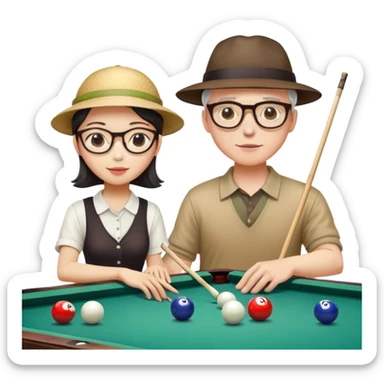 Chinese Girl and white man with a hat and glasses playing pool sticker