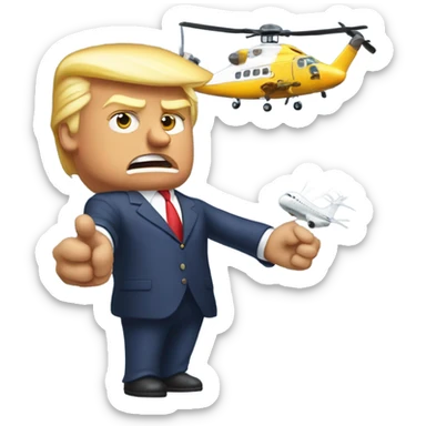 Donald trump by himself holding an airplane in one hand and a helicopter in the other hand smashing them together sticker