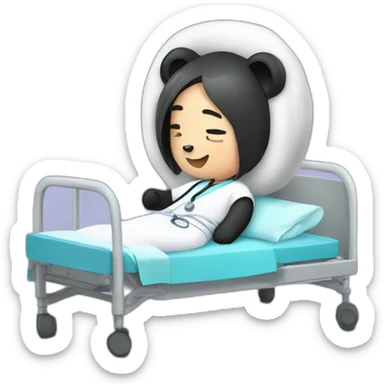 a panda human on a hospital bed, tired, heal tracker thingy, blanket, hospital staff sticker