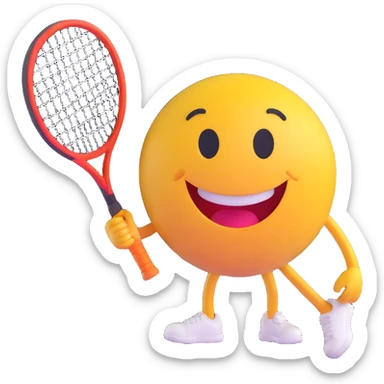 3D smiley emoji, round shape, with tennis racket and ball, sporty face sticker