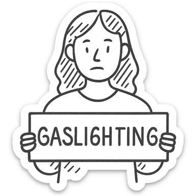 hand-drawn sketch style black and white woman holding a 'Gaslighting' sign sticker