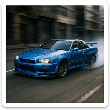 Nissan Skyline GTR R34, drifting, motion blur, urban background sticker