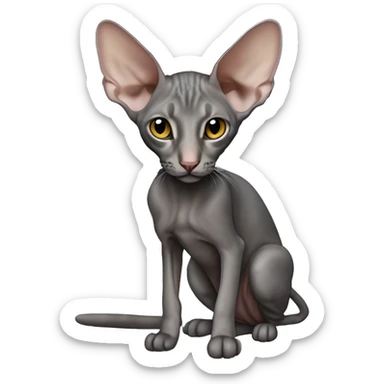 Realistická Peterbald mačka s nahou kožou, veľké uši čiernej farby, čierny nos, sfarbenie v siamskom štýle (svetlé telo s tmavšími končekmi labiek, uší a chvosta), výrazné svetlo modré oči, detailný vzhľad, prirodzený výraz.” sticker