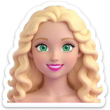 emoji of a girl with green eyes, long blonde wavy hair, long eyelashes, pink lips, smiling sticker