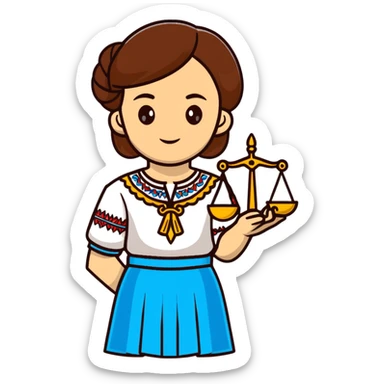 Ukrainian girl with brown hair wearing a traditional embroidered vyshyvanka shirt, holding scales of justice in her hand sticker