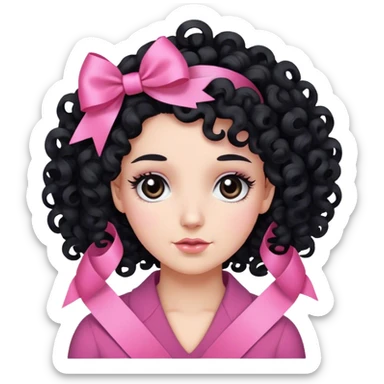 Kıvırcık siyah gözlü beyaz tenli kadın saçında pembe kurdele sticker