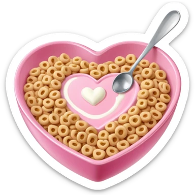 Letter cereal in a pink heart-shaped bowl with a small spoon in the cereal sticker