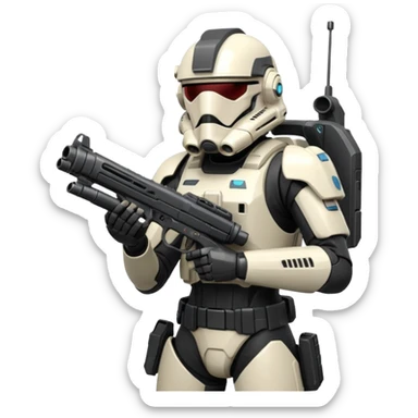 A joking DARK Trooper from Star Citizen, a skifi space Game. With a futuristic gun sticking to His back sticker