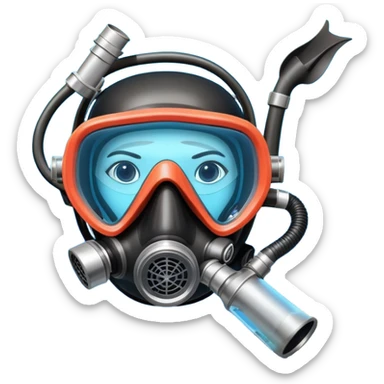 An icon featuring a close-up of a scuba diving mask, fins, and oxygen tank, with vibrant coral reefs and fish in the background. The design emphasizes the equipment and underwater beauty, symbolizing the thrill of exploring the deep sea. Transparent background highlights the serenity of the ocean. sticker