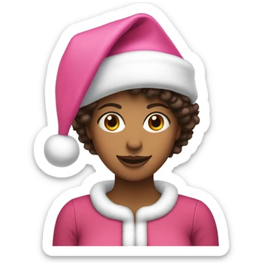 Tan woman with dark brown curly hair wearing pink Santa hat sticker